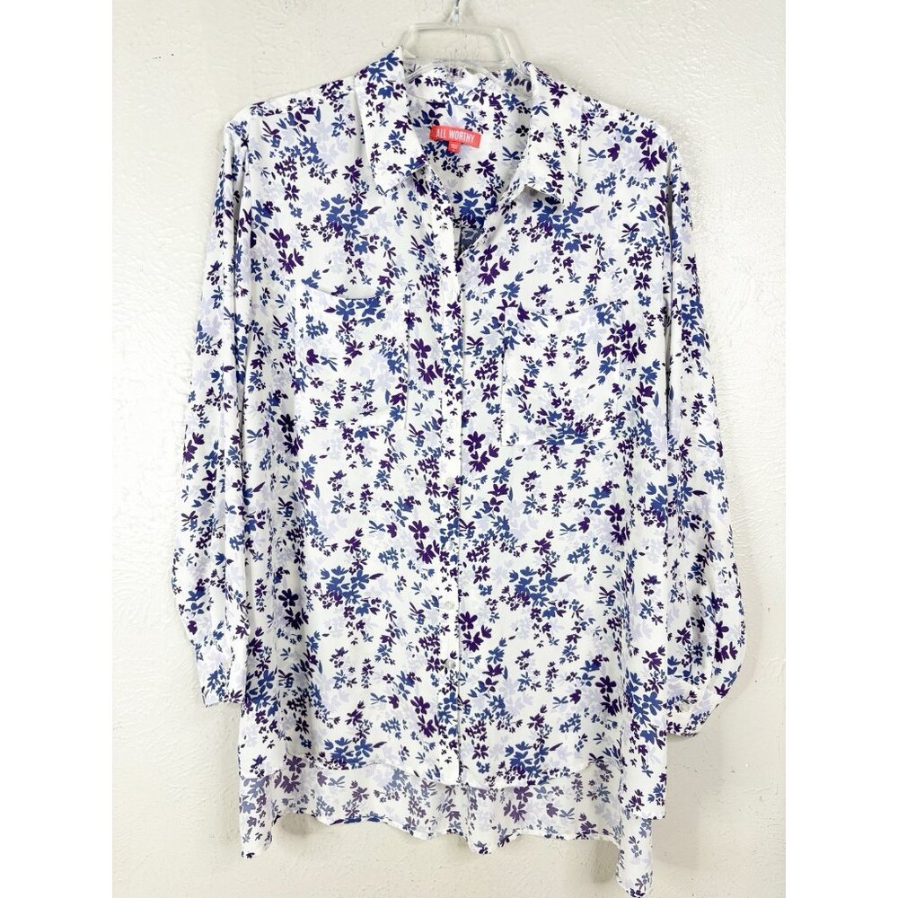 All Worthy Hunter McGrady 1X Plus Purple Blue White Floral Button-Up Tunic EUC